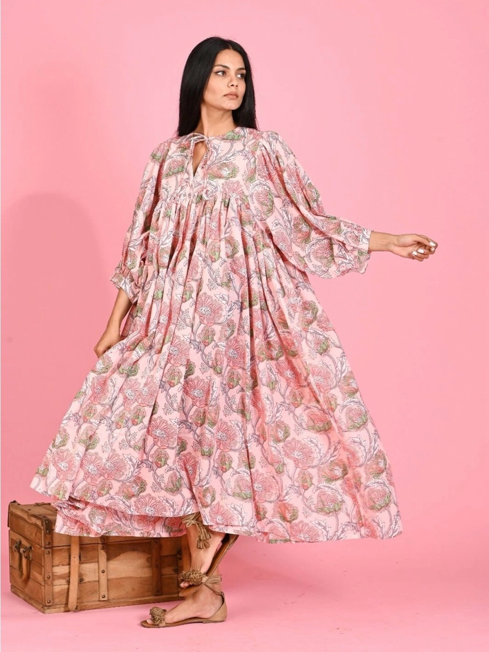 CJ LAING PALM BEACH 
Boho Pink Floral Maxi Dress with Balloon Sleeves